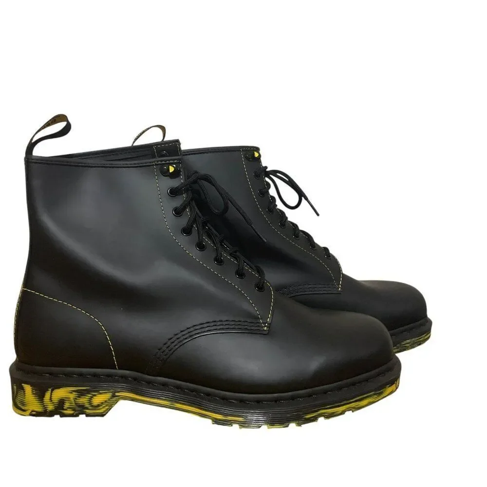 Dr. Martens 1460 marbled black yellow marbled sole leather boots NWOB Size 14
